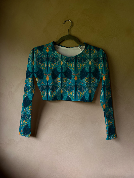 Adult Cropped Rashguard in Torquoise Dragons